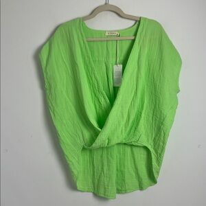 NEW Stark X Medium Neon Green Gauze Deep V Neck Crossover Drape High-Low Hem Top